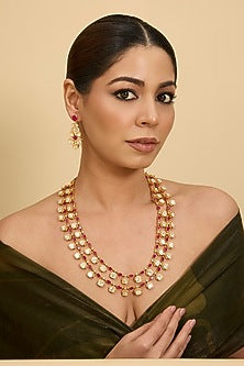 Gold Finish Red Moissanite Stone Long Layered Necklace Set