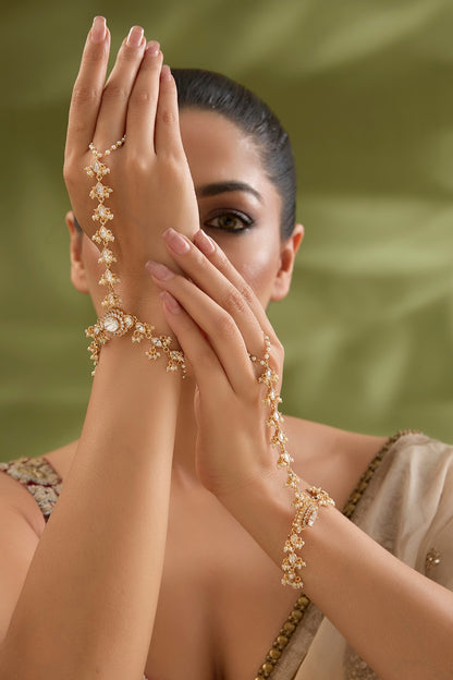 Gold Finish Kundan Polki Haathphool (Set Of 2)