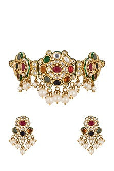 Gold Plated Kundan Polki & Navratna Stone Choker Necklace Set