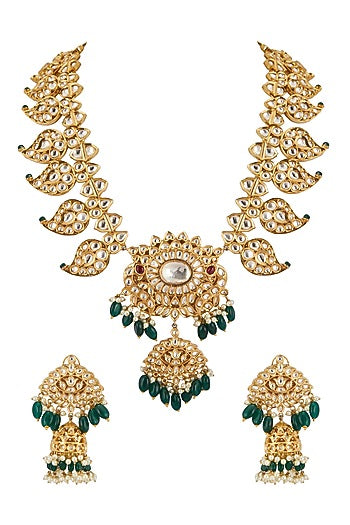 Gold Plated Kundan Polki Mango Mala Necklace Set