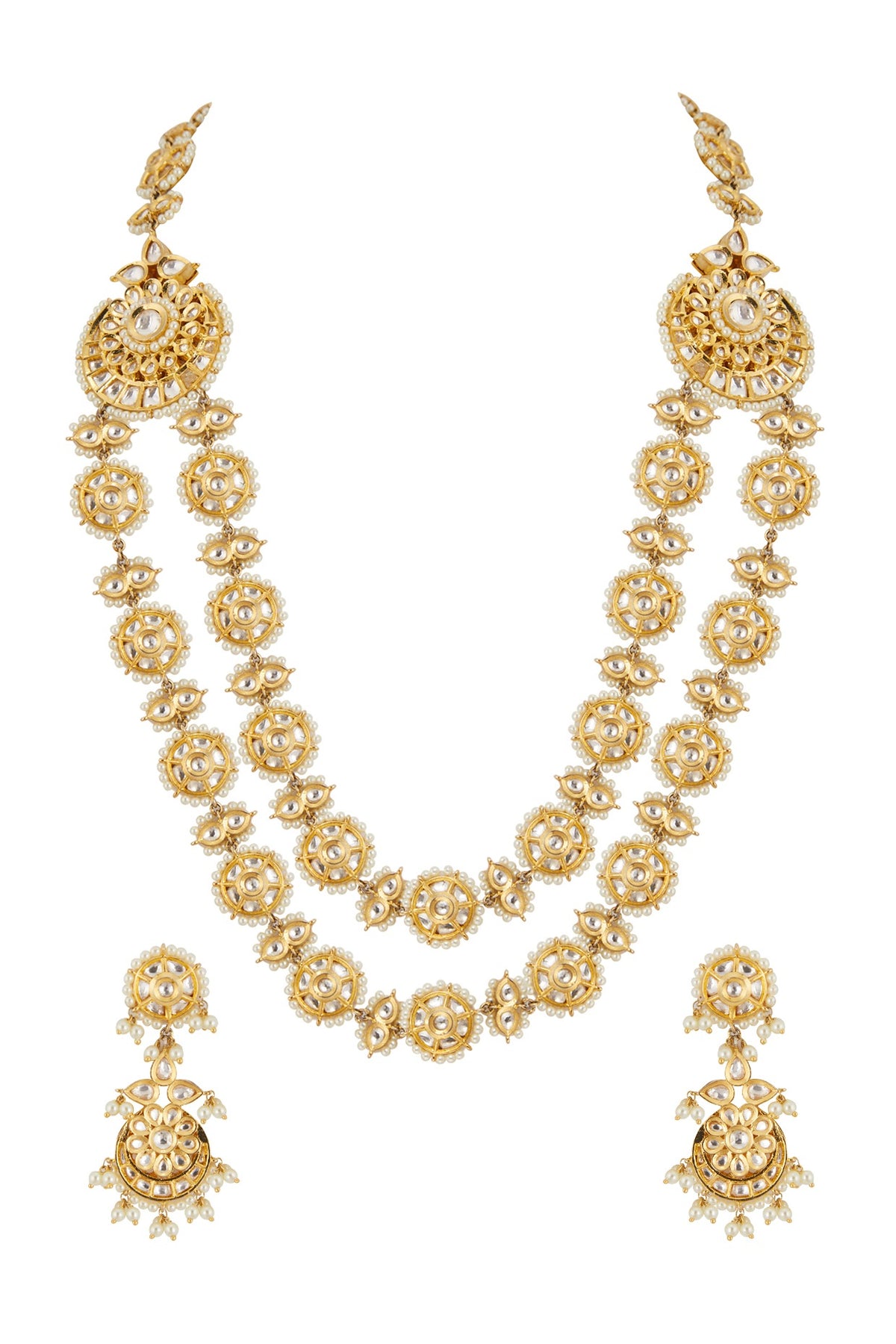 Gold Plated Kundan Polki & Pearl Long Necklace Set