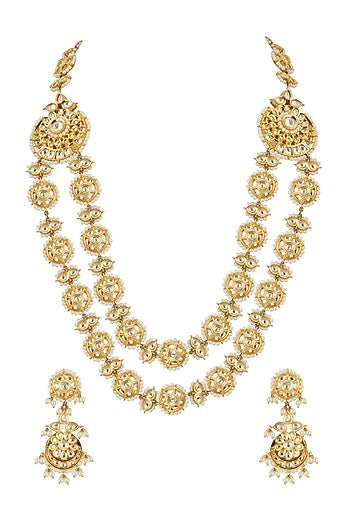 Gold Plated Kundan Polki & Pearl Long Necklace Set