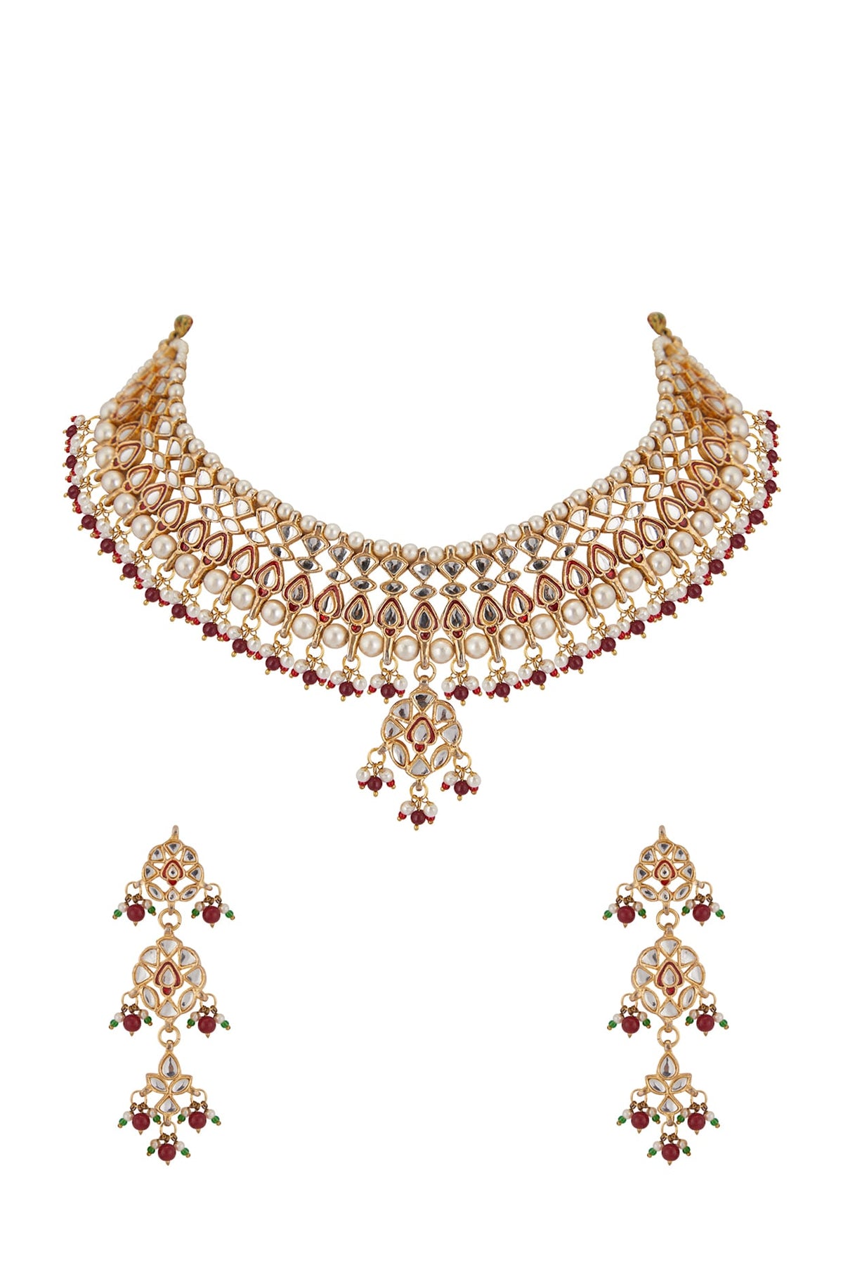 Gold Plated Kundan Polki & Red Beaded Necklace Set