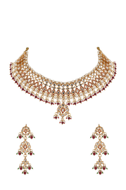 Gold Plated Kundan Polki & Red Beaded Necklace Set