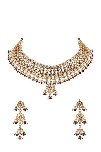 Gold Plated Kundan Polki & Red Beaded Necklace Set