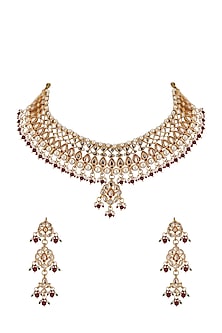 Gold Plated Kundan Polki & Red Beaded Necklace Set