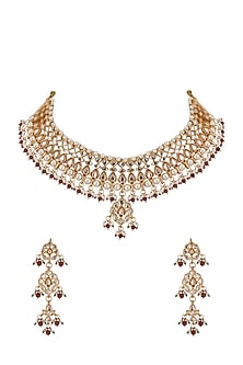 Gold Plated Kundan Polki & Red Beaded Necklace Set