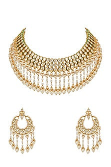 Gold Plated Kundan & Pearl Hanging Necklace Set