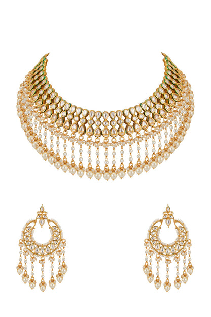 Gold Plated Kundan & Pearl Hanging Necklace Set
