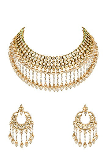 Gold Plated Kundan & Pearl Hanging Necklace Set