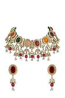 Gold Plated Kundan & Navratna Stone Necklace Set
