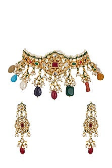 Gold Plated Kundan & Navratna Stone Choker Necklace Set