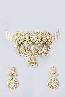 Gold Plated Kundan Polki & Pearl Choker Necklace Set