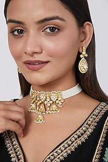 Gold Plated Kundan Polki & Pearl Choker Necklace Set