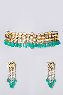 Gold Plated Kundan Polki & Emerald Choker Necklace Set