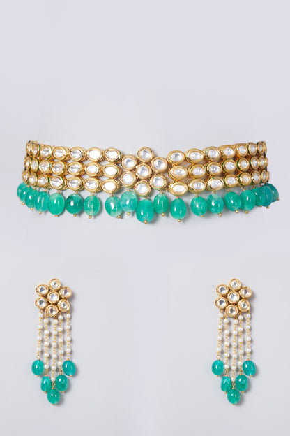 Gold Plated Kundan Polki & Emerald Choker Necklace Set