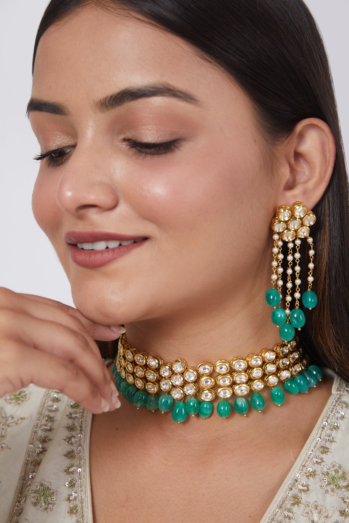 Gold Plated Kundan Polki & Emerald Choker Necklace Set