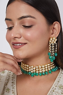 Gold Plated Kundan Polki & Emerald Choker Necklace Set