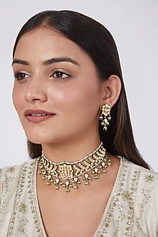 Gold Plated Pearl & Kundan Polki Choker Necklace Set