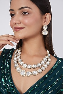 Black Rhodium Finish Kundan Polki & Pearl Necklace Set