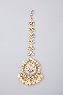 Gold Finish Kundan Polki & Pearl Maang Tikka
