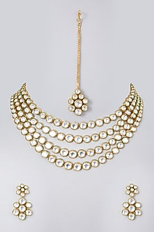 Gold Finish Kundan Polki Layered Necklace Set