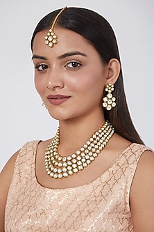 Gold Finish Kundan Polki Layered Necklace Set
