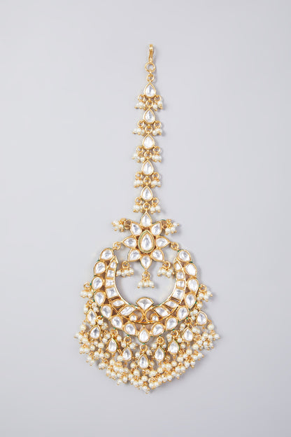 Gold Finish Kundan Polki & Pearl Maang Tikka
