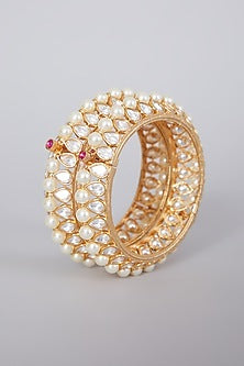 Gold Finish Kundan Polki & Pearl Bangles (Set of 2)