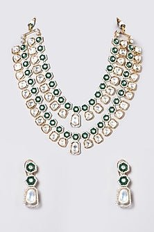 Gold Finish Kundan Polki & Emerald Stone Layered Necklace Set