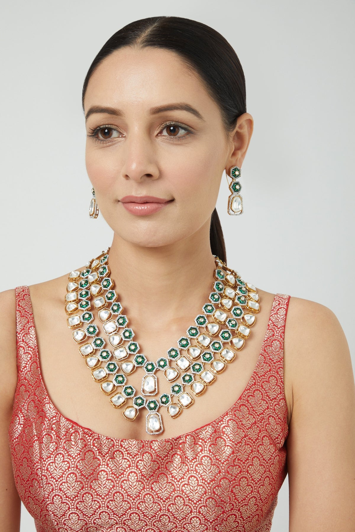 Gold Finish Kundan Polki & Emerald Stone Layered Necklace Set