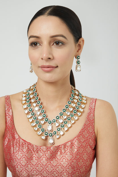 Gold Finish Kundan Polki & Emerald Stone Layered Necklace Set