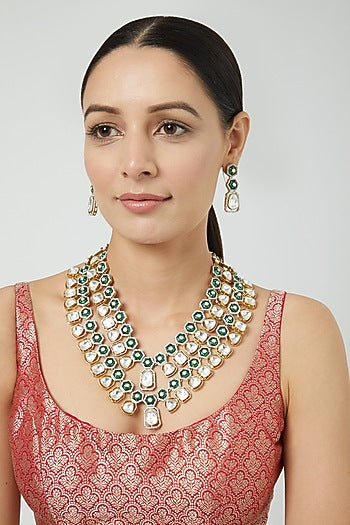 Gold Finish Kundan Polki & Emerald Stone Layered Necklace Set