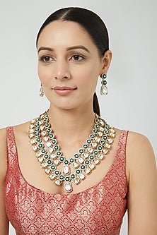 Gold Finish Kundan Polki & Emerald Stone Layered Necklace Set