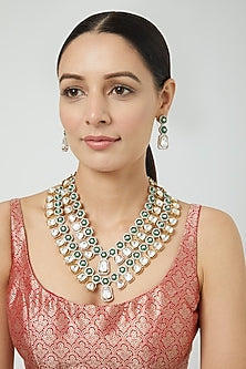 Gold Finish Kundan Polki & Emerald Stone Layered Necklace Set