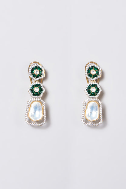 Gold Finish Kundan Polki & Emerald Stone Layered Necklace Set