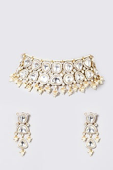 White Finish Kundan Polki & Pearl Choker Necklace Set