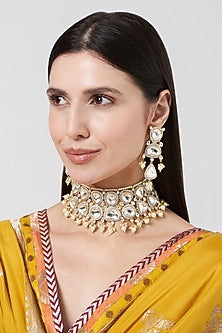 White Finish Kundan Polki & Pearl Choker Necklace Set