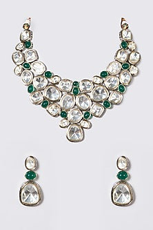White Finish Kundan Polki & Emerald Necklace Set