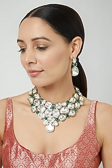 White Finish Kundan Polki & Emerald Necklace Set