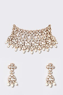 White Plated Kundan Polki & Pearl Choker Necklace Set