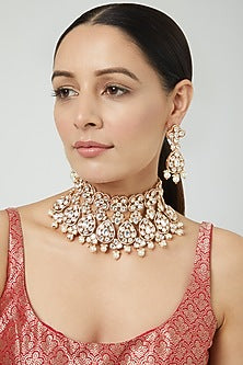 White Plated Kundan Polki & Pearl Choker Necklace Set