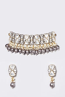 White Finish Kundan Polki & Pearl Choker Necklace Set
