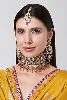 Two Tone Finish Kundan Polki & Pearl Choker Necklace Set