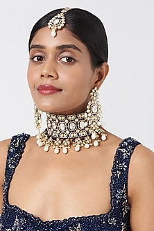 Two Tone Finish Kundan Polki & Pearl Choker Necklace Set