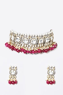 White Finish Kundan Polki & Pearl Choker Necklace Set