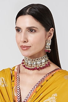 White Finish Kundan Polki & Pearl Choker Necklace Set