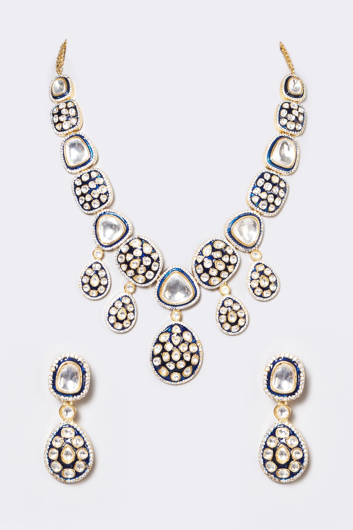 White Plated Kundan Polki Long Necklace Set