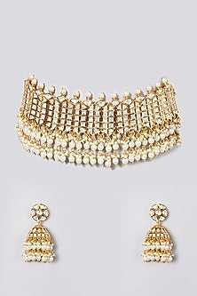 White Finish Kundan Polki & Pearl Choker Necklace Set