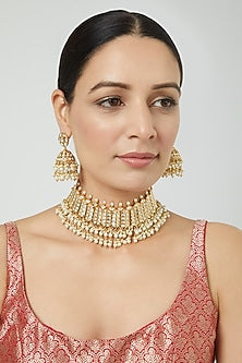 White Finish Kundan Polki & Pearl Choker Necklace Set